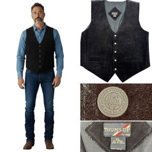 Thums-Up Black Leather Suede Vest Buckle Back Vintage Sz. XL